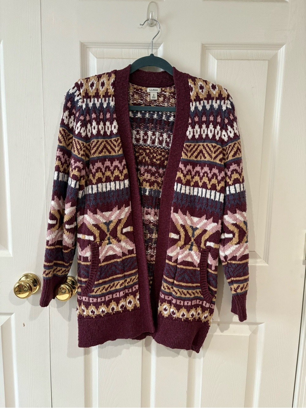 L.L. Bean Maroon Fair Isle Open-Front Cardigan with Pink and Navy Accents